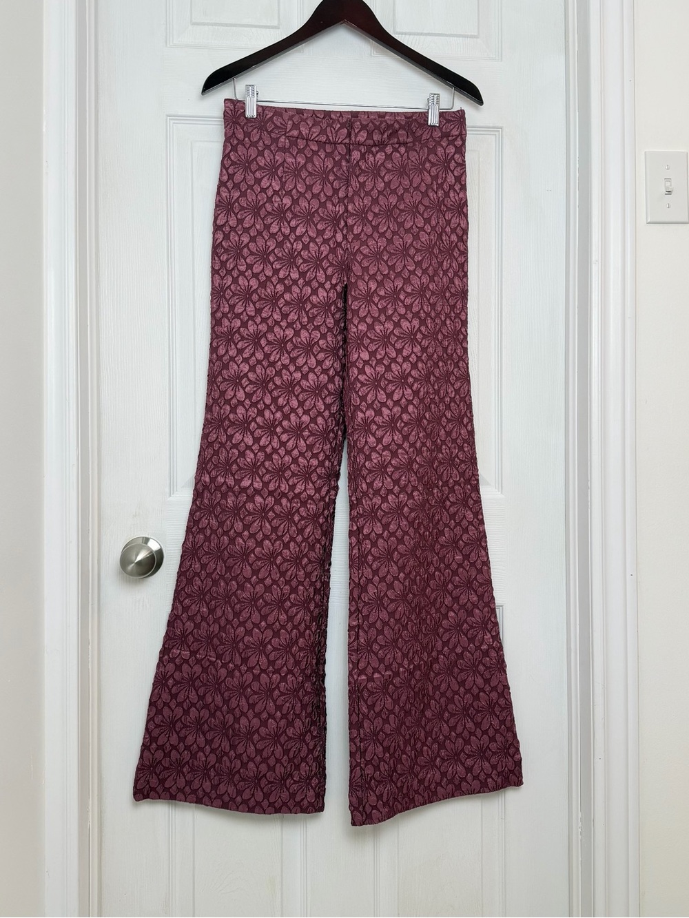 Free People Crushed Textured Floral Pants Size 6 Berry Plum New with Tags